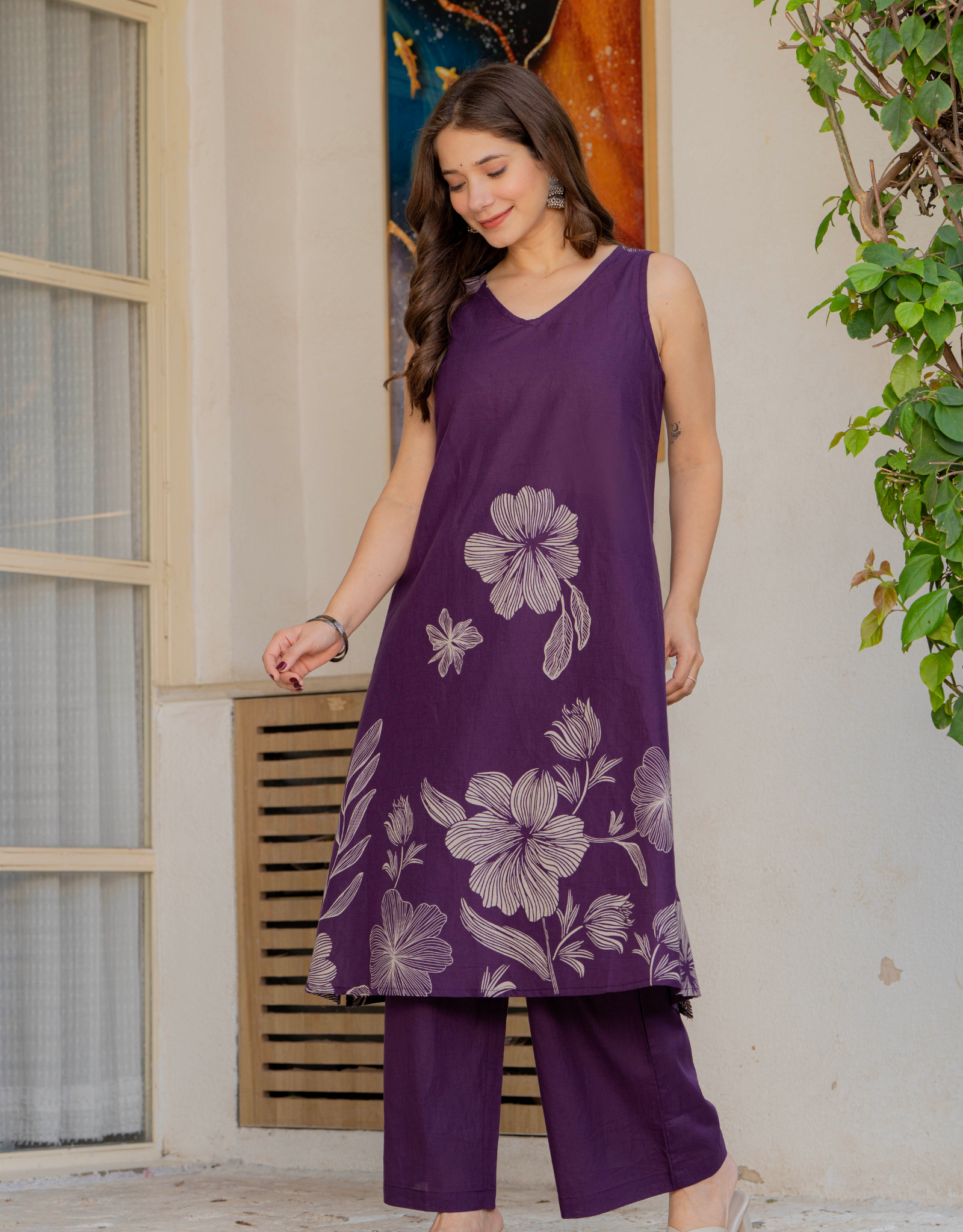 Gul-Bano Sleeveless Kurta With Plain Palazzo Set Purple