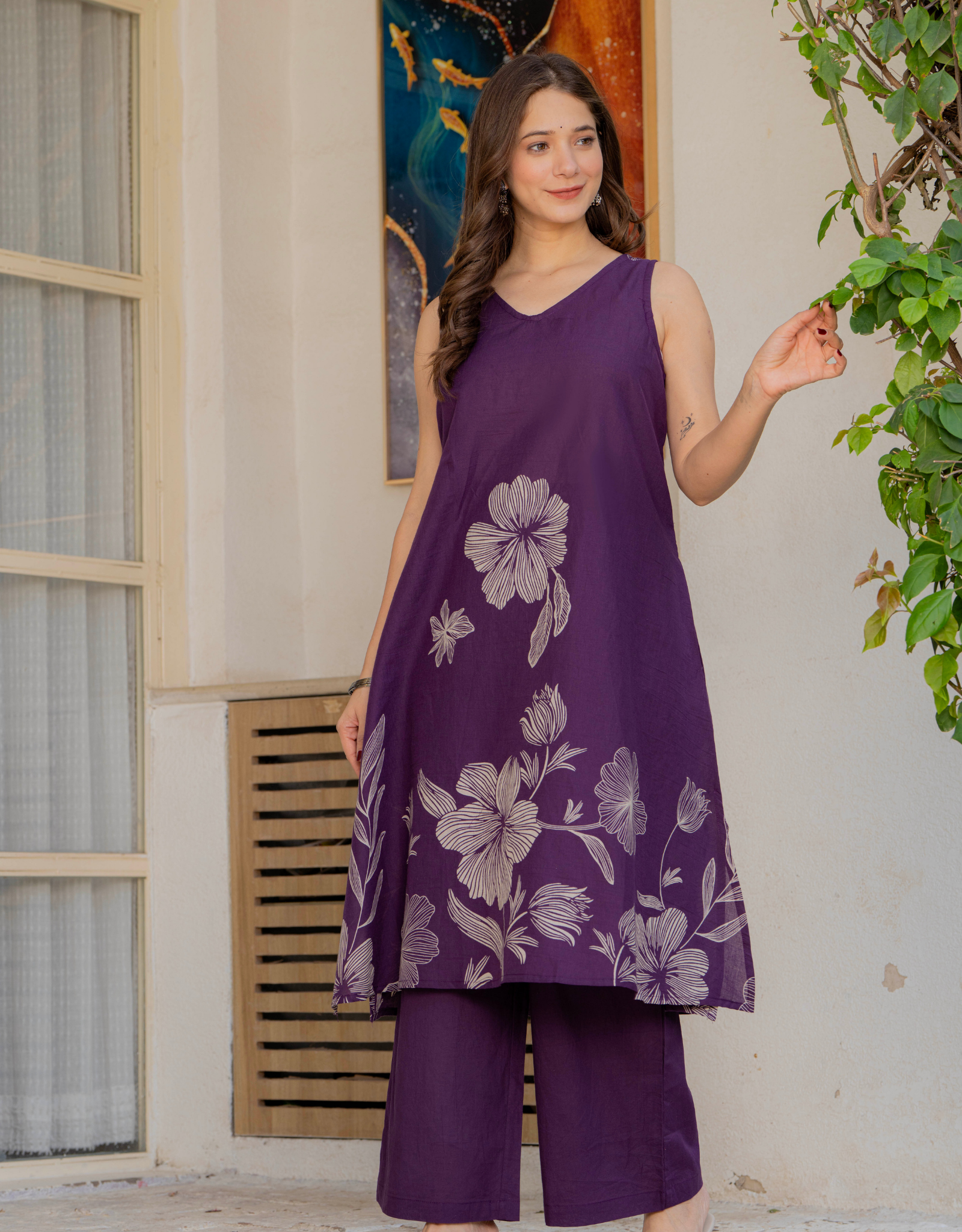 Gul-Bano Sleeveless Kurta With Plain Palazzo Set Purple