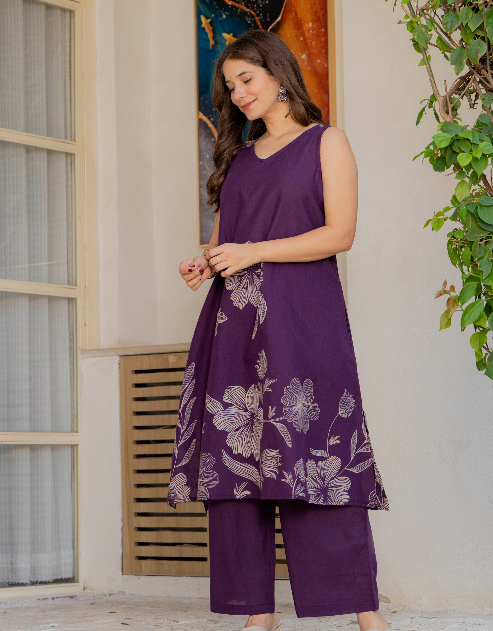 Gul-Bano Sleeveless Kurta With Plain Palazzo Set Purple