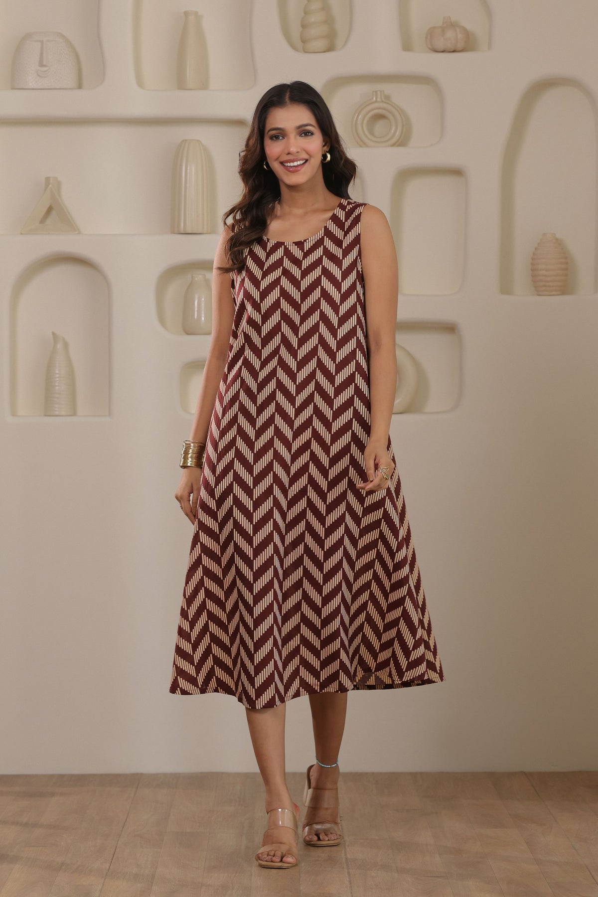 Urban Zigzag Sleeveless Dress - Maroon