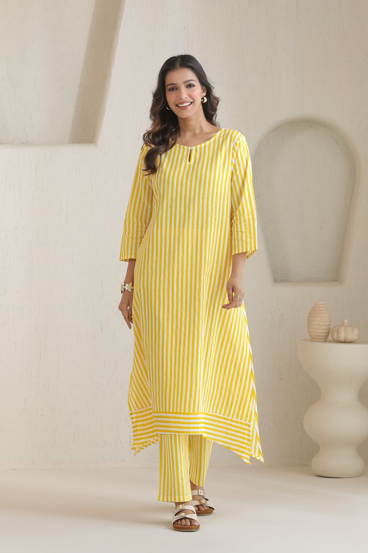 Classic Stripe Kurta Pant Set - Yellow
