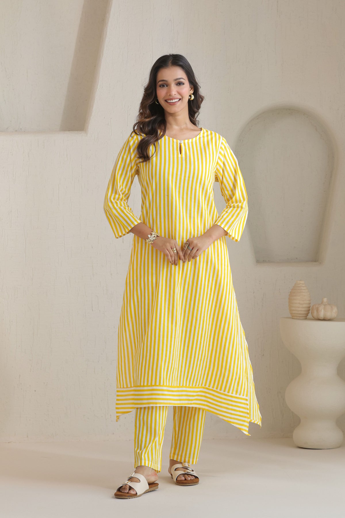 Classic Stripe Kurta Pant Set - Yellow