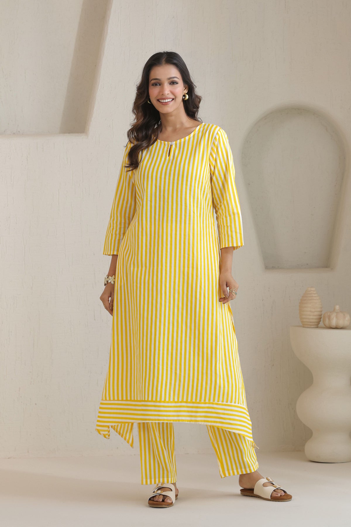 Classic Stripe Kurta Pant Set - Yellow