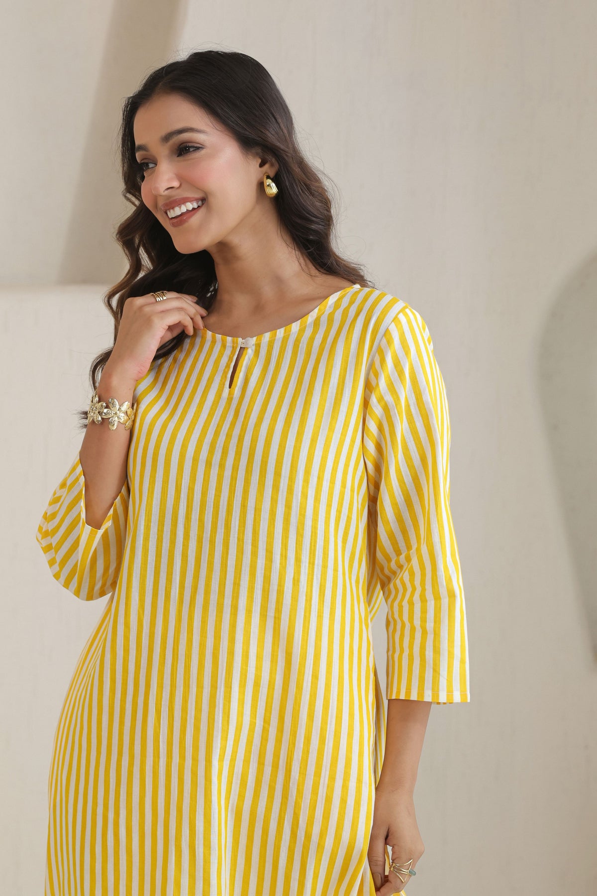 Classic Stripe Kurta Pant Set - Yellow