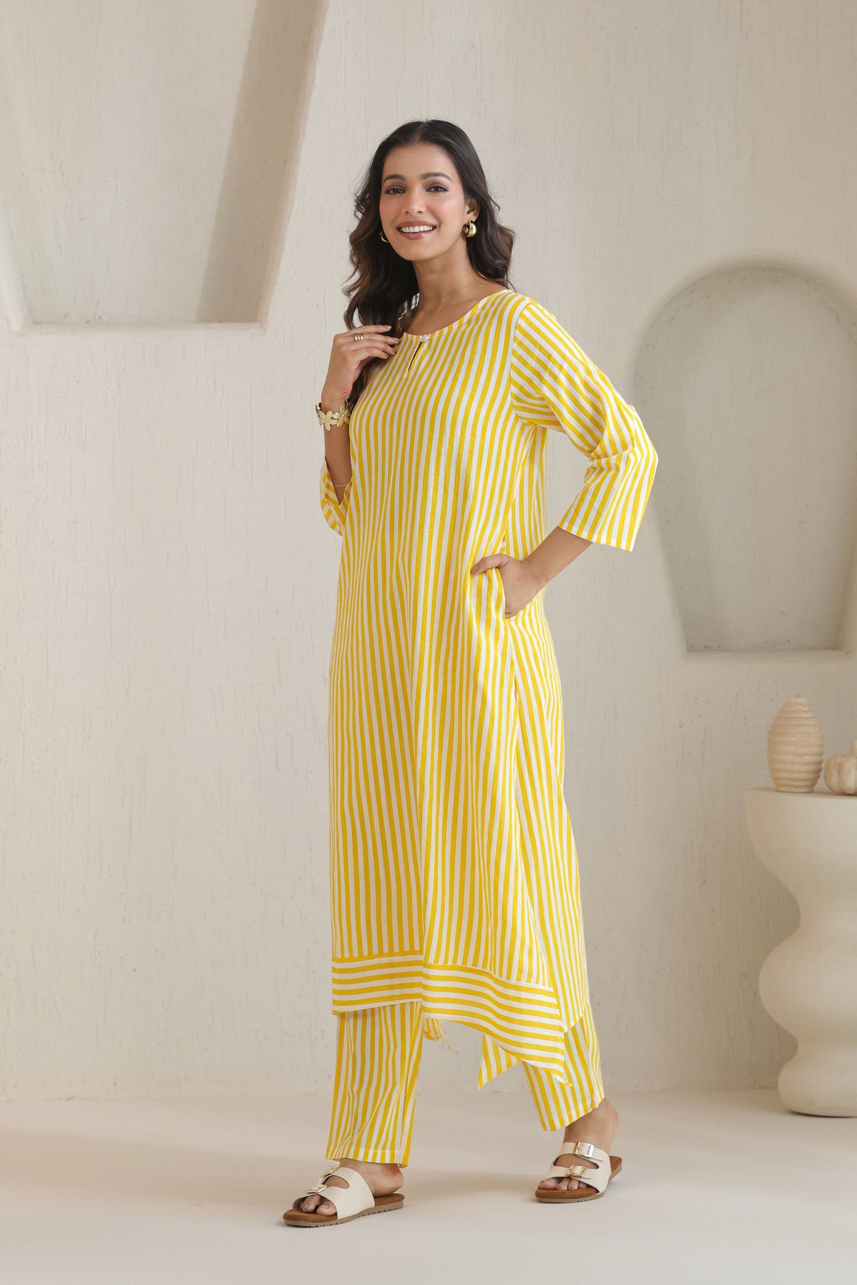 Classic Stripe Kurta Pant Set - Yellow