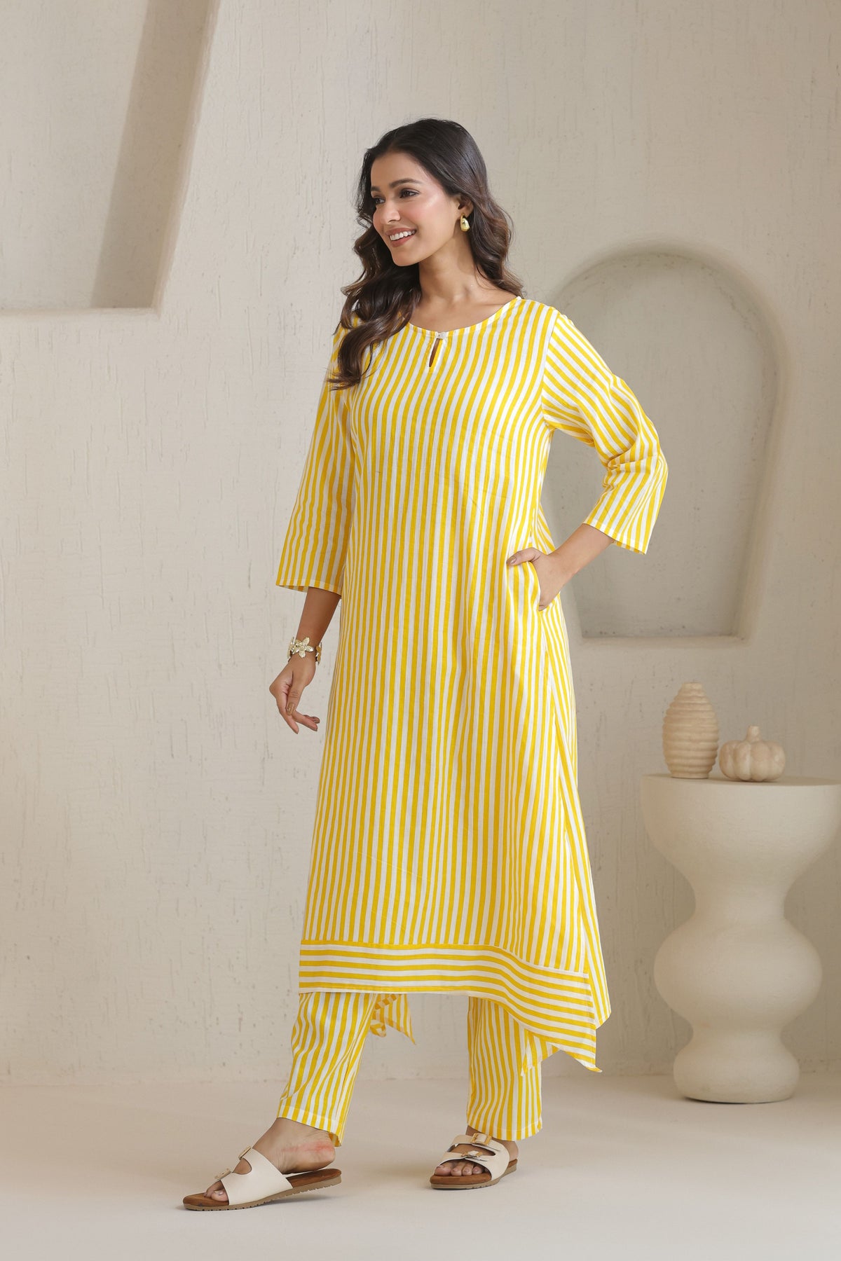 Classic Stripe Kurta Pant Set - Yellow